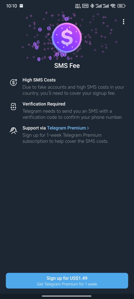 Telegram 注册登录SMS Fee问题